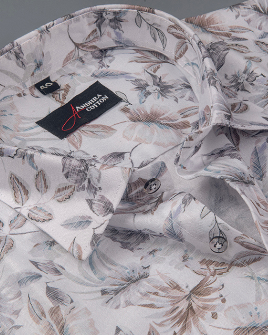 Digital White Grey with Brown Flower Print Shirts for Men