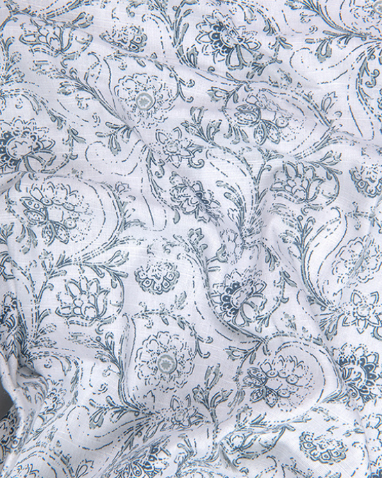 Linen White With Gray Flower Print Shirts for Men