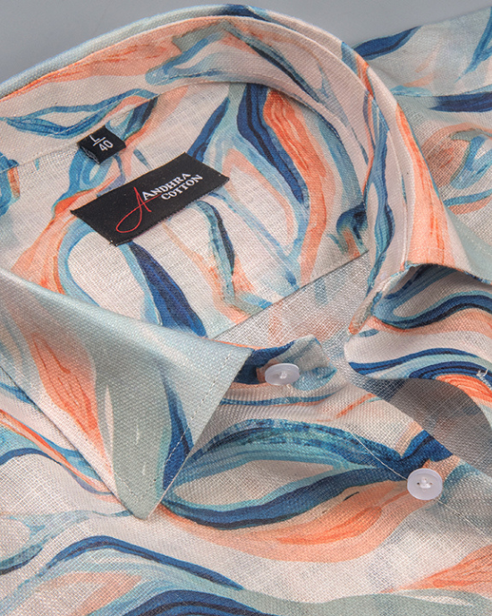 Rusiyano Linen Blue Orange Sparkle Print Shirts for Men