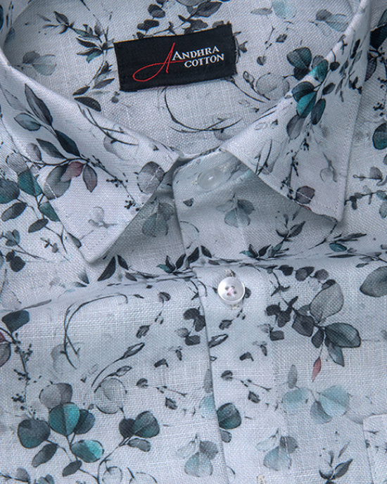 Rusiyano Linen White With Rama Black Flower Print Men’s Shirt