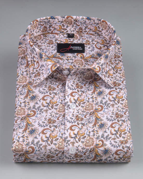 Rusiyano Linen Golden Yellow With Marrun Flower Print Shirts