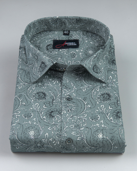 Linen Bottle Green With White Flower Print Shirts for Men