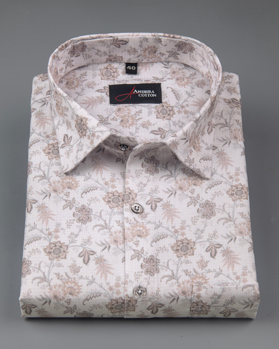 Digital White with Peach Flower Print Shirts for Men