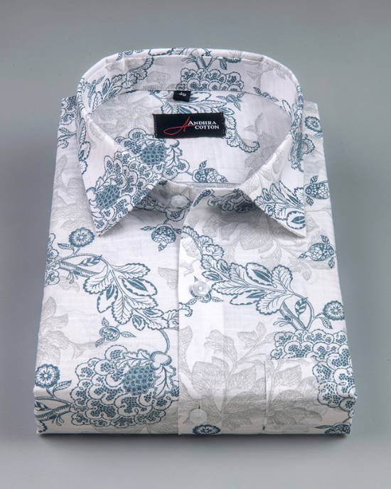 Linen White With Rama Colour Flower Print Shirts for Men