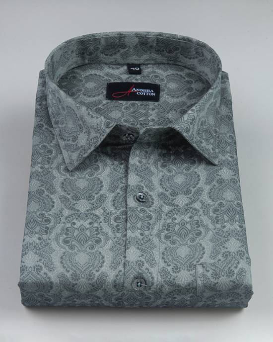 Cotton Bottle Green Rajwada Print Shirts for Men