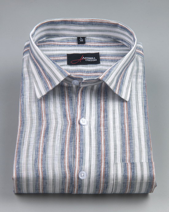 Super Fine Linen White with Blue Gray Mix Patta Print Shirts for Men