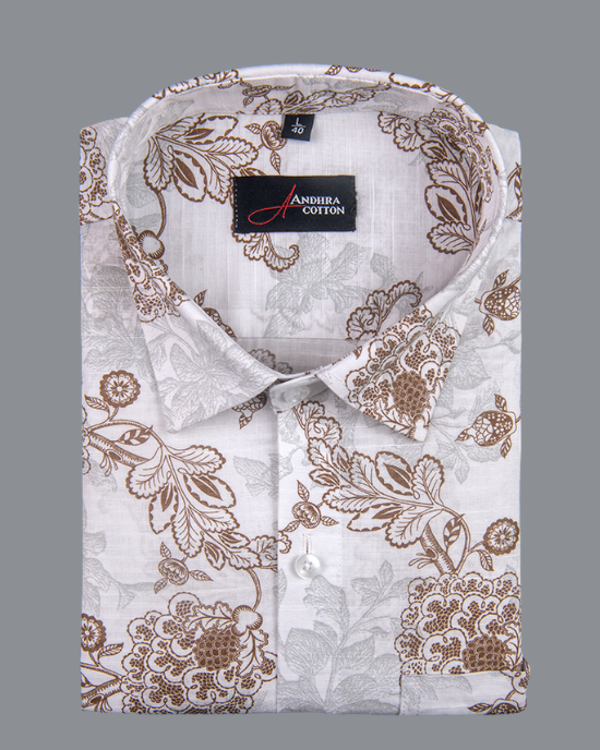 Linen White With Maroon Flower Print Shirts for Men