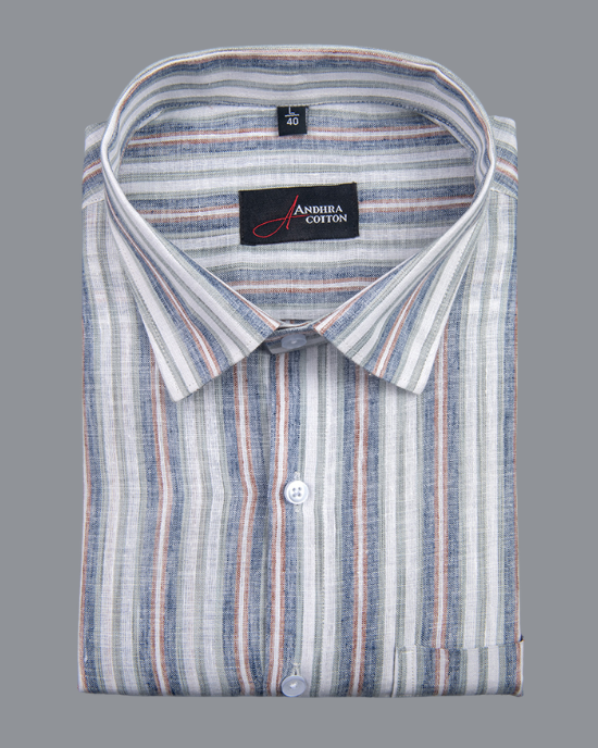 Super Fine Linen White with Blue Gray Mix Patta Print Shirts for Men