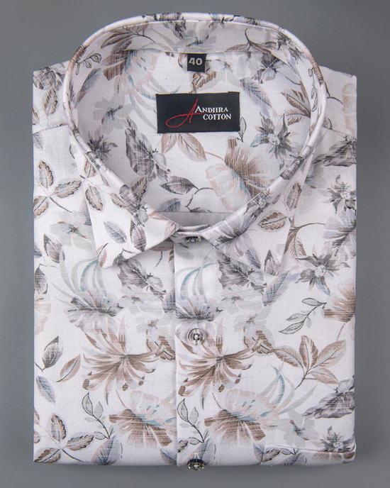 Digital White Grey with Brown Flower Print Shirts for Men