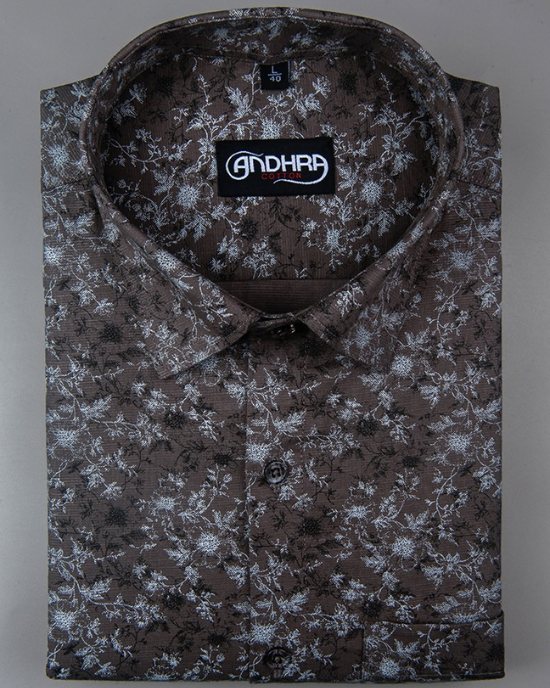 Slub Linen Brown Printed Shirts for Men
