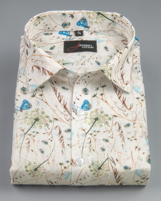 Rusiyano Linen Cream with Brown Rama Flower Print Shirts for Men