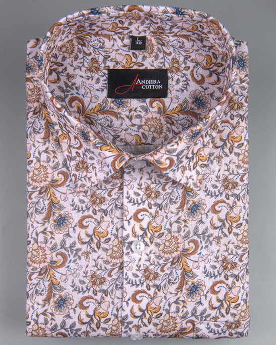 Rusiyano Linen Golden Yellow With Marrun Flower Print Shirts