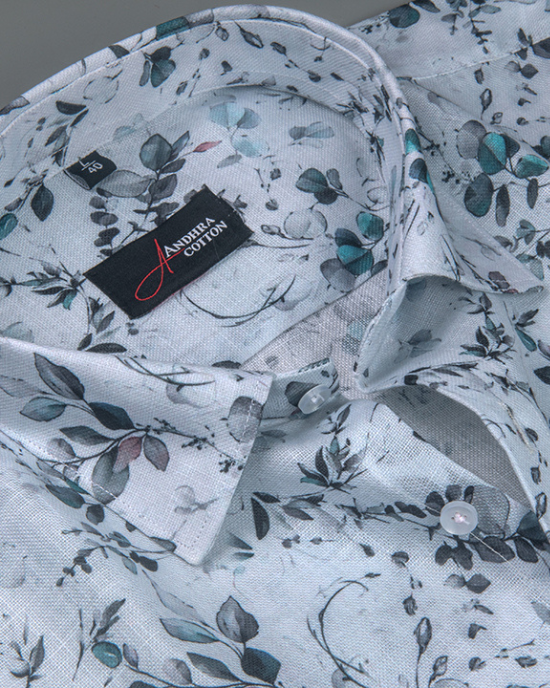 Rusiyano Linen White With Rama Black Flower Print Men’s Shirt
