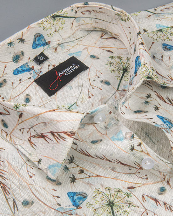 Rusiyano Linen Cream with Brown Rama Flower Print Shirts for Men