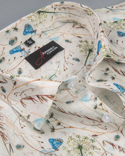Rusiyano Linen Cream with Brown Rama Flower Print Shirts for Men