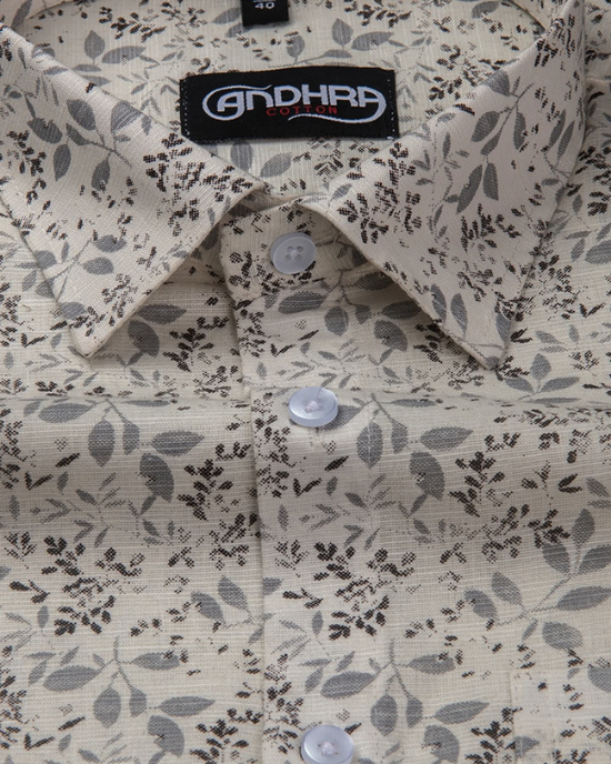 Slub Linen Cream with Gray Flower Print Shirts for Men