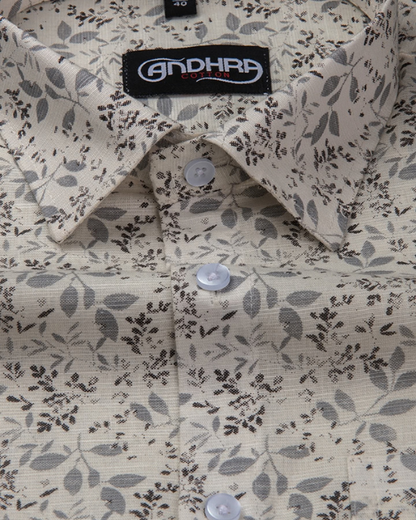 Slub Linen Cream with Gray Flower Print Shirts for Men