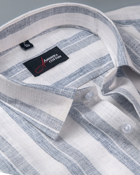Soft Linen White with Blue Grey Mix Broad Patta Shirts for Men