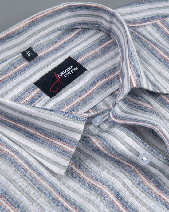 Super Fine Linen White with Blue Gray Mix Patta Print Shirts for Men