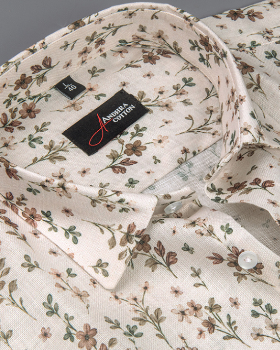 Rusiyano Linen Cream With Green Marrun Leaf Print Shirts