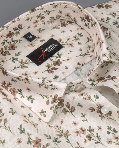 Rusiyano Linen Cream With Green Marrun Leaf Print Shirts