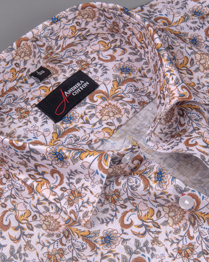 Rusiyano Linen Golden Yellow With Marrun Flower Print Shirts