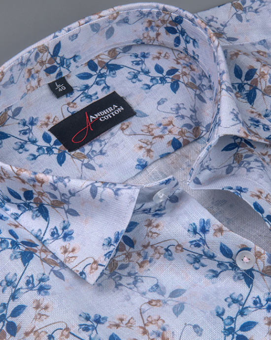 Rusiyano Linen White With Blue Maroon Leaf Print Shirts For Men
