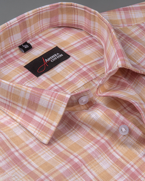 Corporate Cotton Pink Yellow Checks Shirts for Men