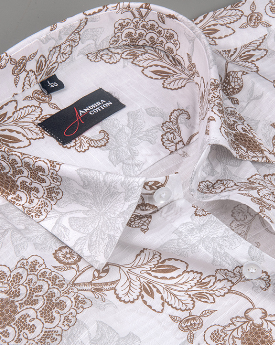 Linen White With Maroon Flower Print Shirts for Men