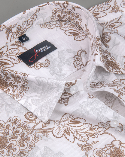 Linen White With Maroon Flower Print Shirts for Men