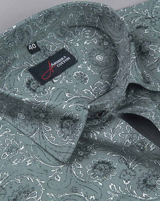 Linen Bottle Green With White Flower Print Shirts for Men