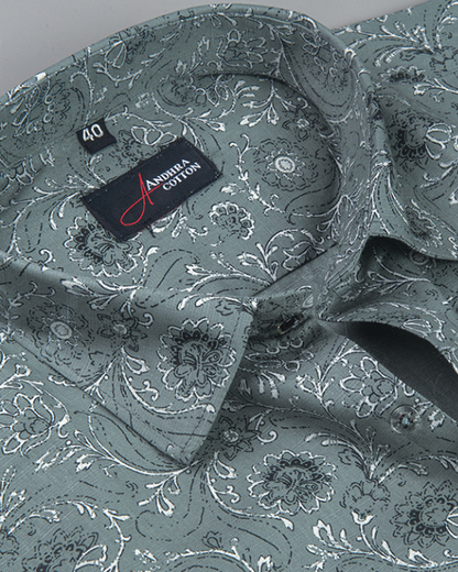 Linen Bottle Green With White Flower Print Shirts for Men