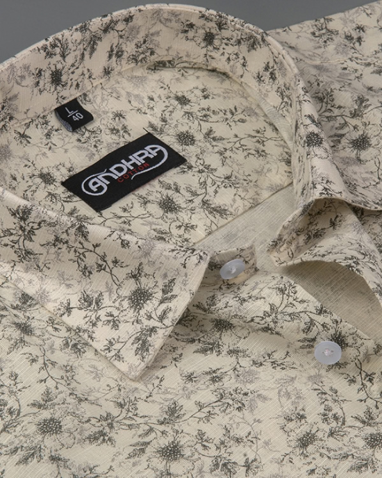 Slub Linen Fone with Mehandi Flower Print Shirts for Men