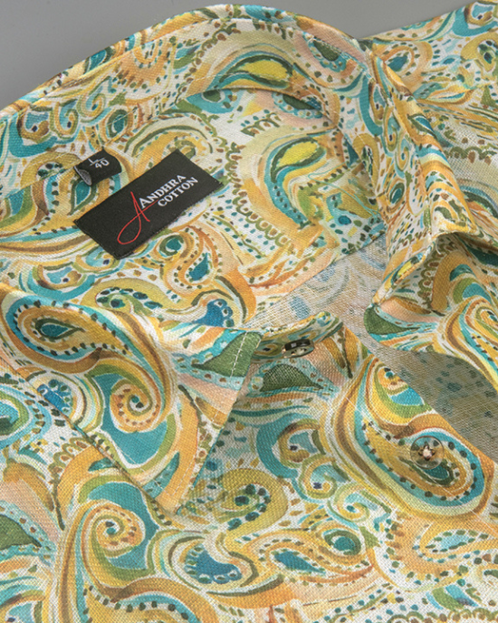 Rusiyano Linen Yellow Rama Pathan Print Shirts for Men