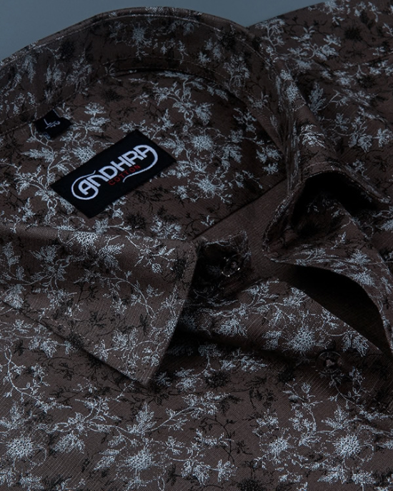 Slub Linen Brown Printed Shirts for Men