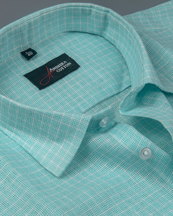 Jute Linen Sky Blue with White Checks Shirts for Men