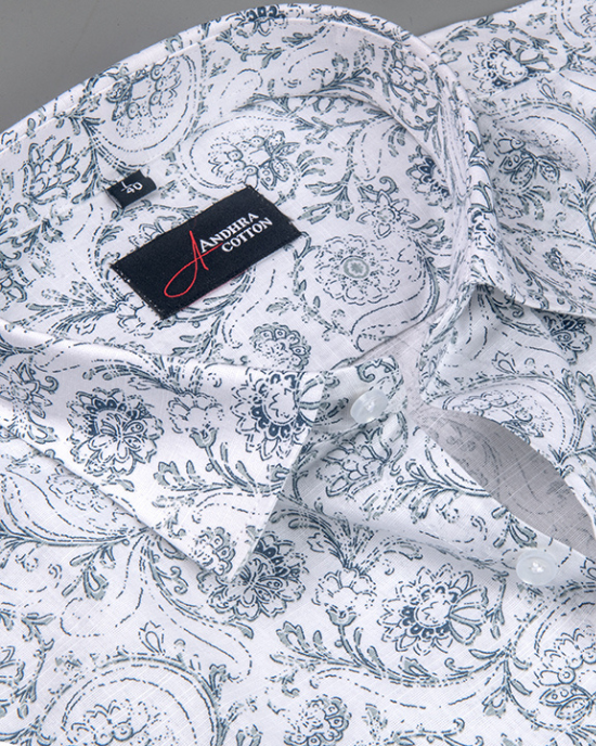 Linen White With Gray Flower Print Shirts for Men
