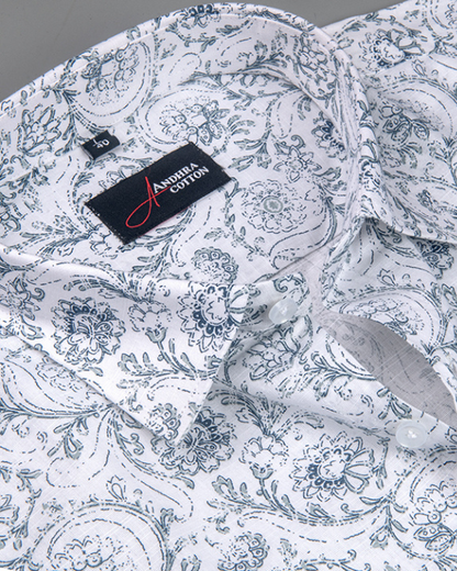 Linen White With Gray Flower Print Shirts for Men