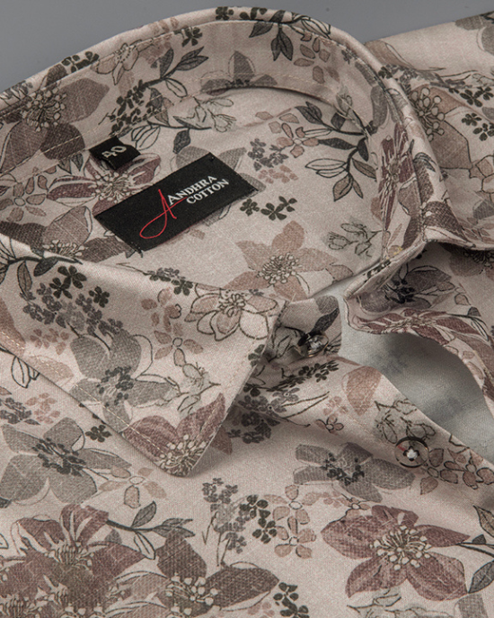 Digital Light Brown White Dark Brown Flower Print Shirts for Men