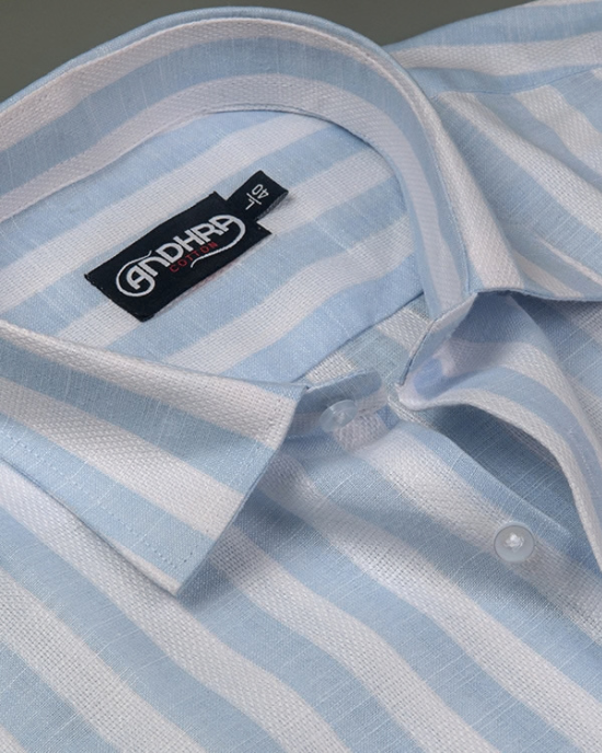 Leo Linen Jute White with Sky Blue Patta Print Shirts for Men