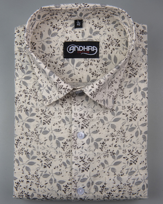 Slub Linen Cream with Gray Flower Print Shirts for Men
