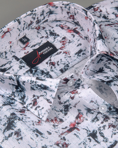 Rusiyano Linen White With Black And Red Mixed Print Shirts