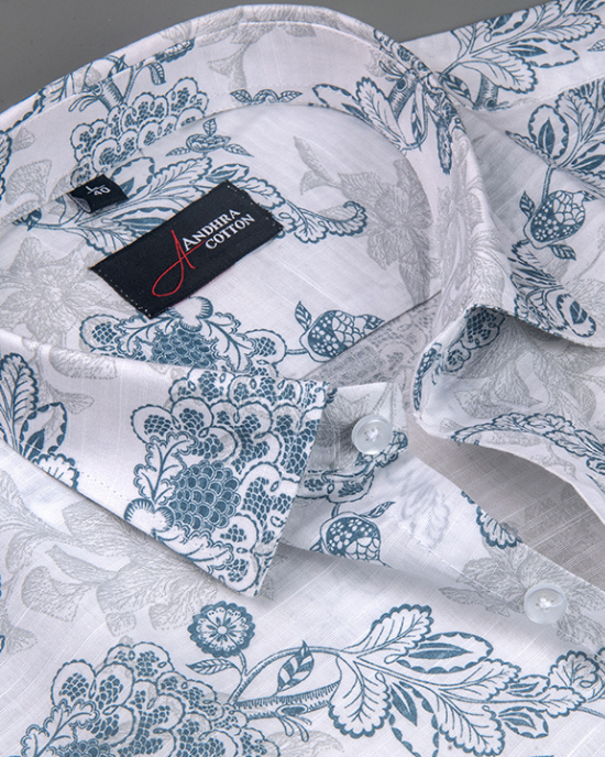 Linen White With Rama Colour Flower Print Shirts for Men