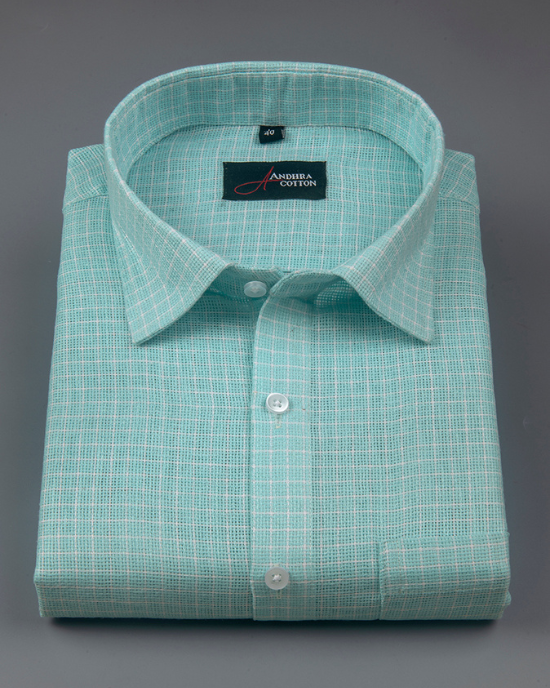 Jute Linen Sky Blue with White Checks Shirts for Men
