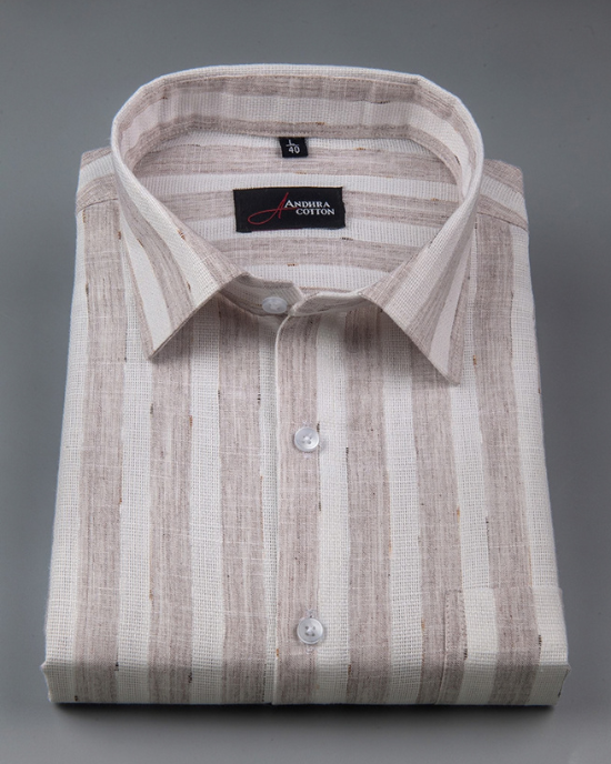 Soft Jute Linen White with Light Marrun Patta Shirts for Men