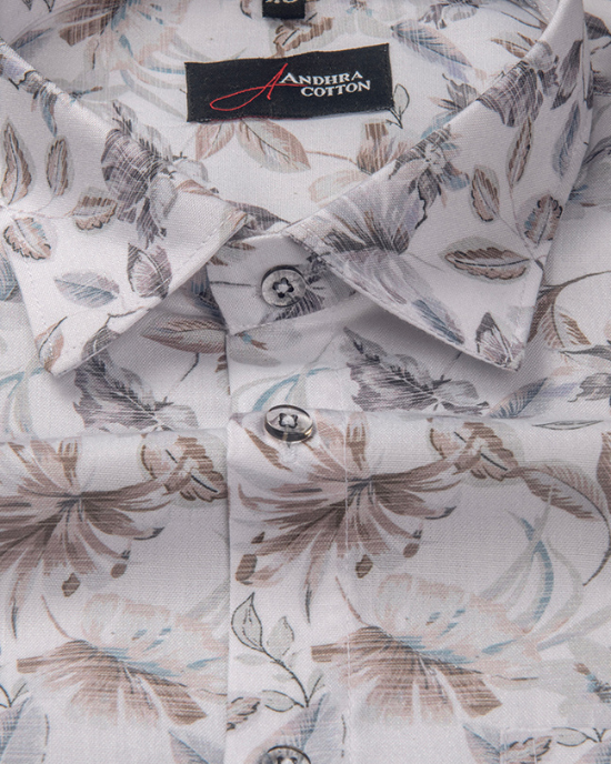 Digital White Grey with Brown Flower Print Shirts for Men