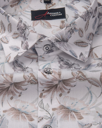 Digital White Grey with Brown Flower Print Shirts for Men
