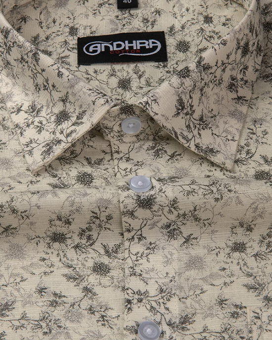Slub Linen Fone with Mehandi Flower Print Shirts for Men