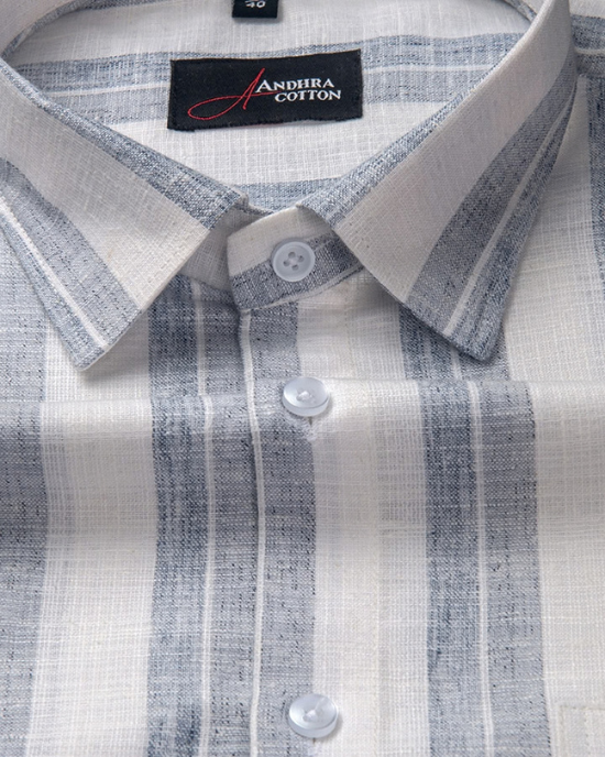 Soft Linen White with Blue Grey Mix Broad Patta Shirts for Men