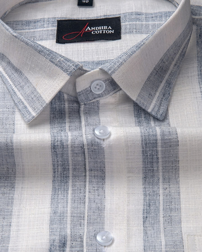 Soft Linen White with Blue Grey Mix Broad Patta Shirts for Men